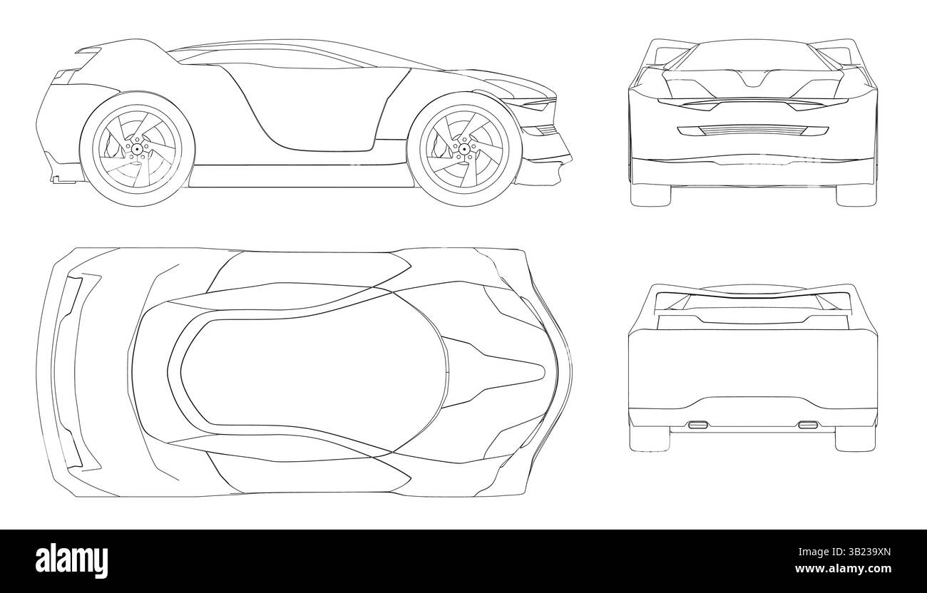 Ein Konzeptfahrzeug wird in vier verschiedenen Winkeln gezeigt. Der Wagen ist ein Sportwagen mit schlankem Design. Das Fahrzeug ist in einer schwarz-weißen Zeichnung dargestellt Stock Vektor