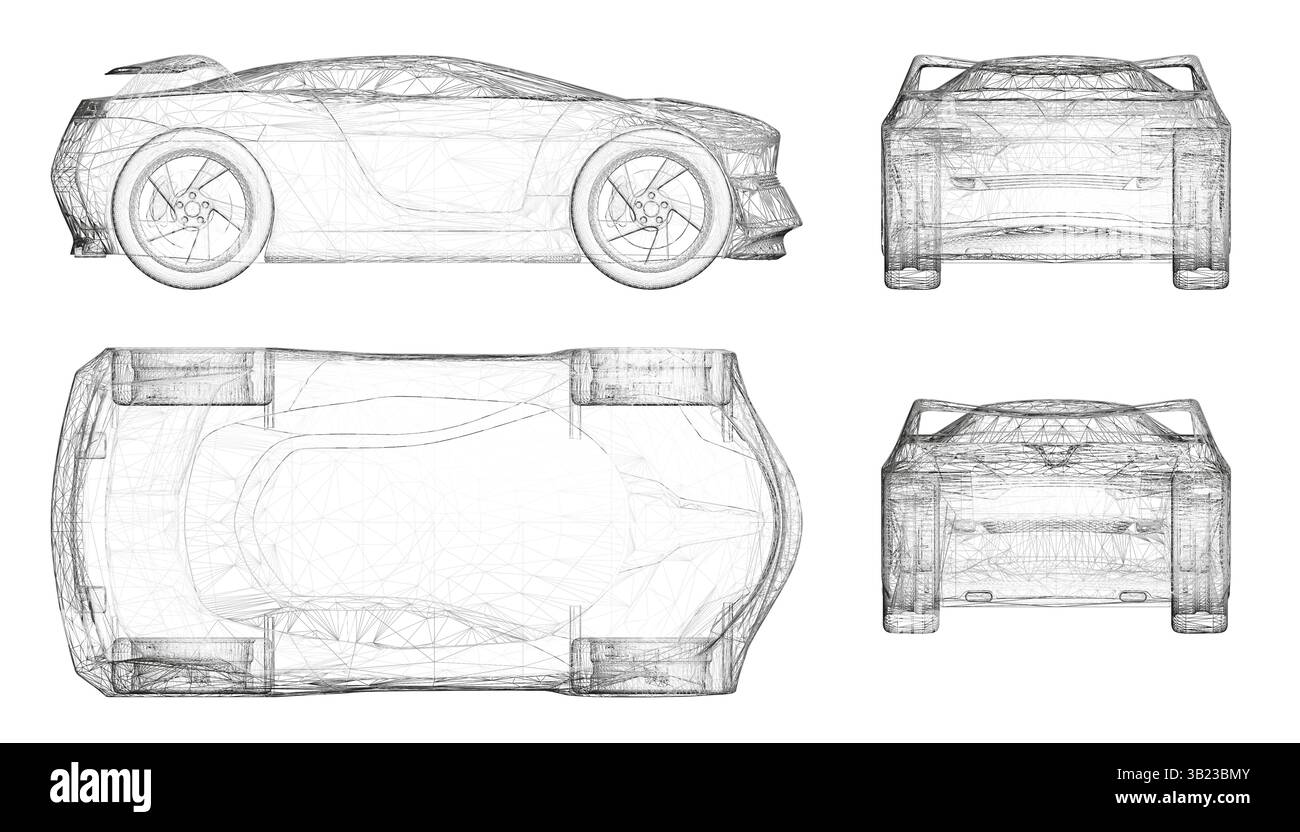 Ein Fahrzeug wird in vier verschiedenen Ansichten dargestellt, wobei die Vorder- und Rückansicht die Räder und die Seitenansicht die Karosserie des Fahrzeugs zeigt. Das Auto ist ein Futuri Stock Vektor