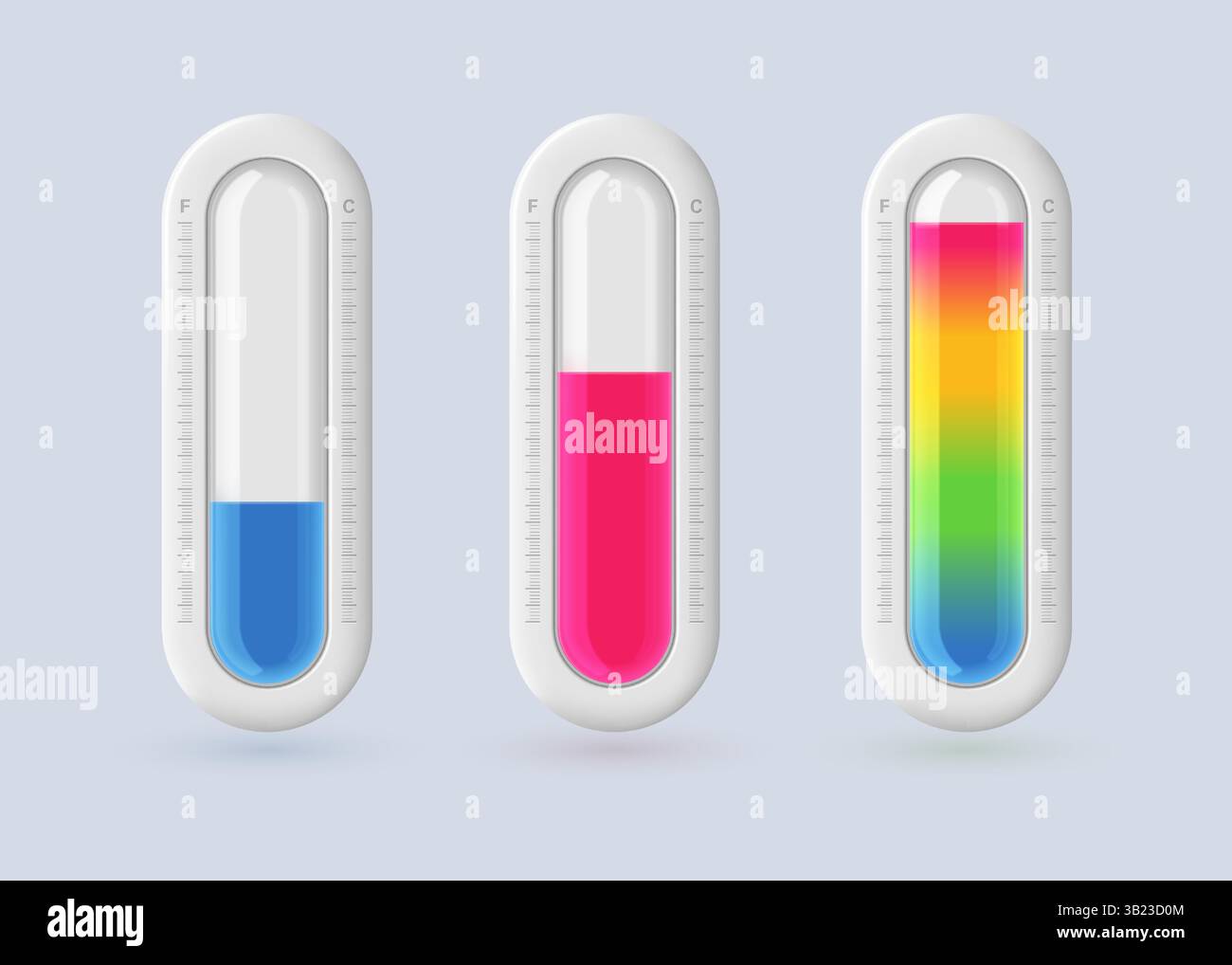 Sammlung realistischer 3D-Wettersymbole mit kalten und heißen Temperaturen auf hellem Hintergrund. Vektorabbildung. Stock Vektor