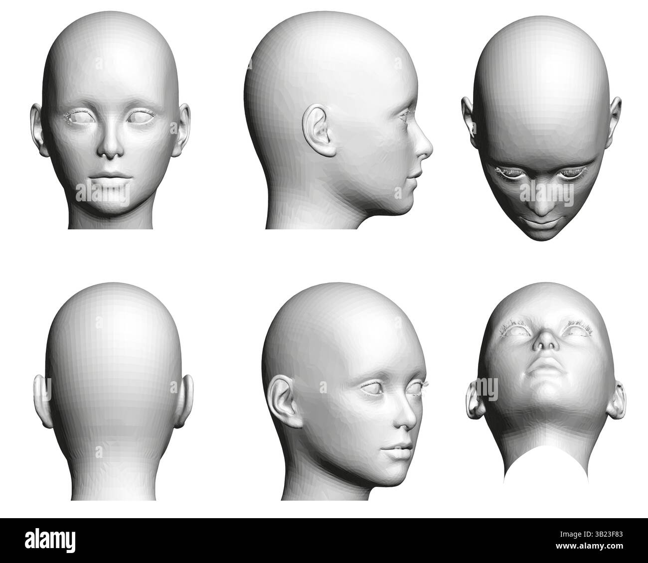 Eine Reihe von sechs weißen Köpfen, jeder mit unterschiedlichen Ansichten. Die Köpfe sind alle im Profil, Augen und Nase sind gut sichtbar. Die Szene ist etwas düster Stock Vektor