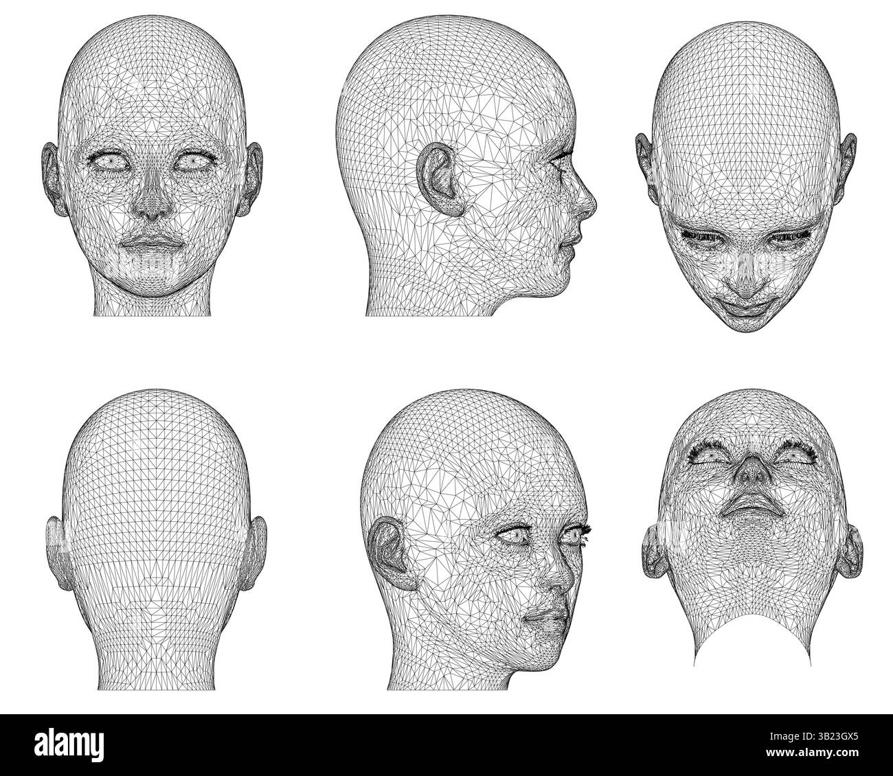 Die Kopfschüsse sind von einem Mann mit einem rasierten Kopf. Die Abbildung ist schwarz-weiß und in einer Reihe angeordnet Stock Vektor