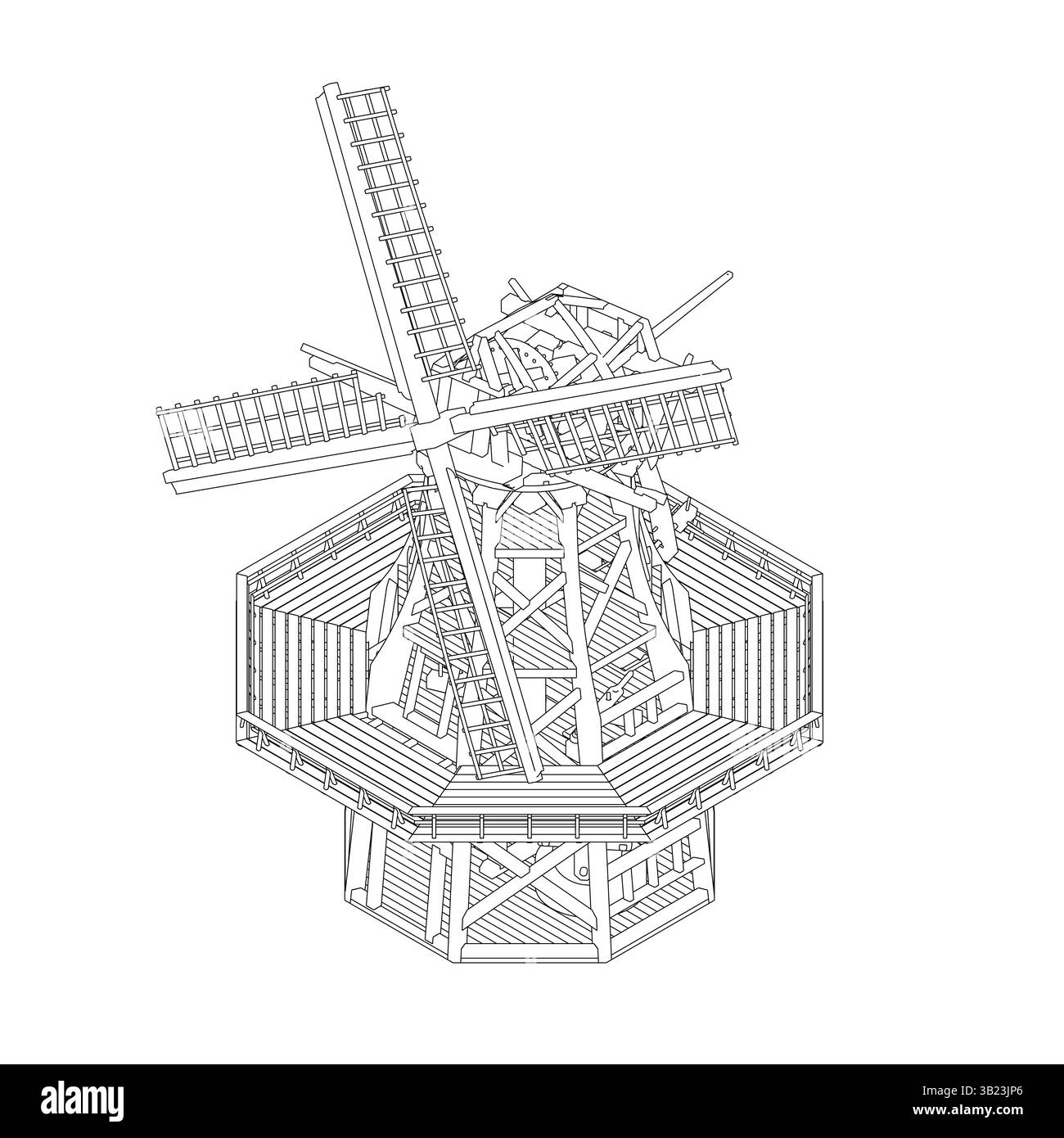 Eine Windmühle ist in Schwarz-weiß gezeichnet. Die Windmühle ist hoch und hat eine große, offene Oberseite. Die Windmühle ist von einer Holzkonstruktion umgeben, die als ist Stock Vektor