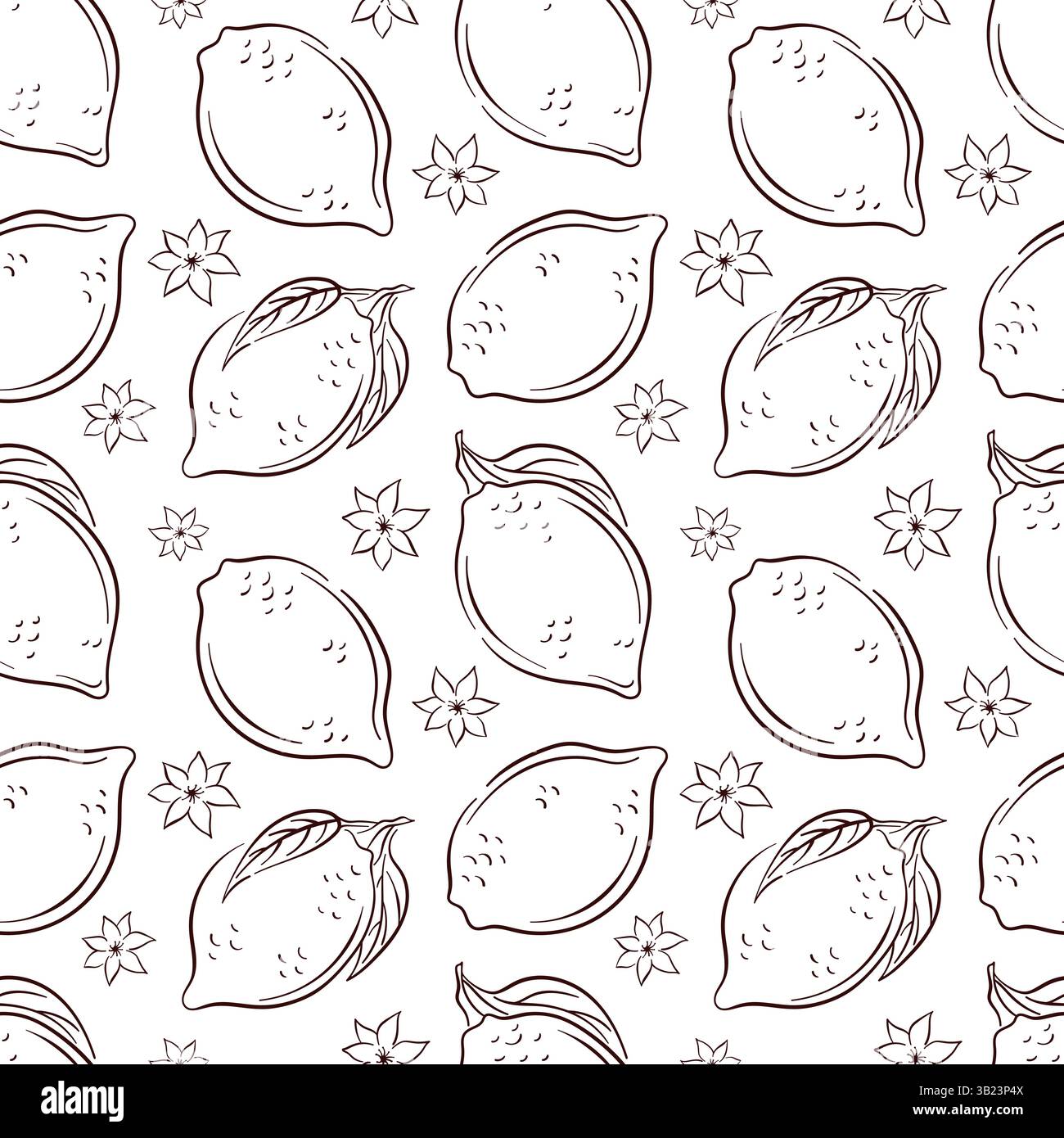 Nahtloses Muster mit ganzen Zitronen, Blättern und Blüten im Line Art Stil. Ideal für Zitrusfrüchte, Sommerverpackungen, Küchentapeten und Cafémenüs Stock Vektor