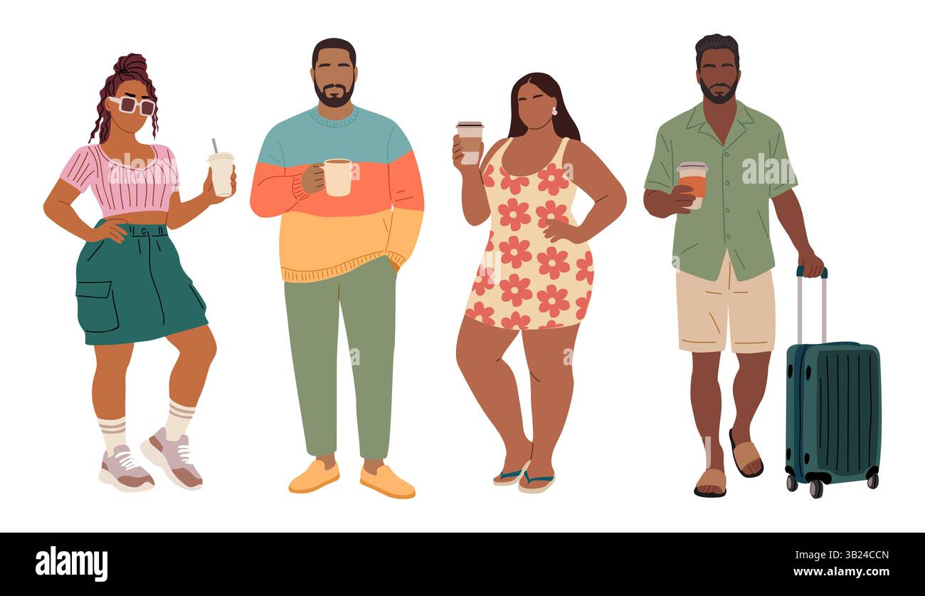 Set aus verschiedenen Personen, die mit einer Kaffeetasse stehen Stock Vektor