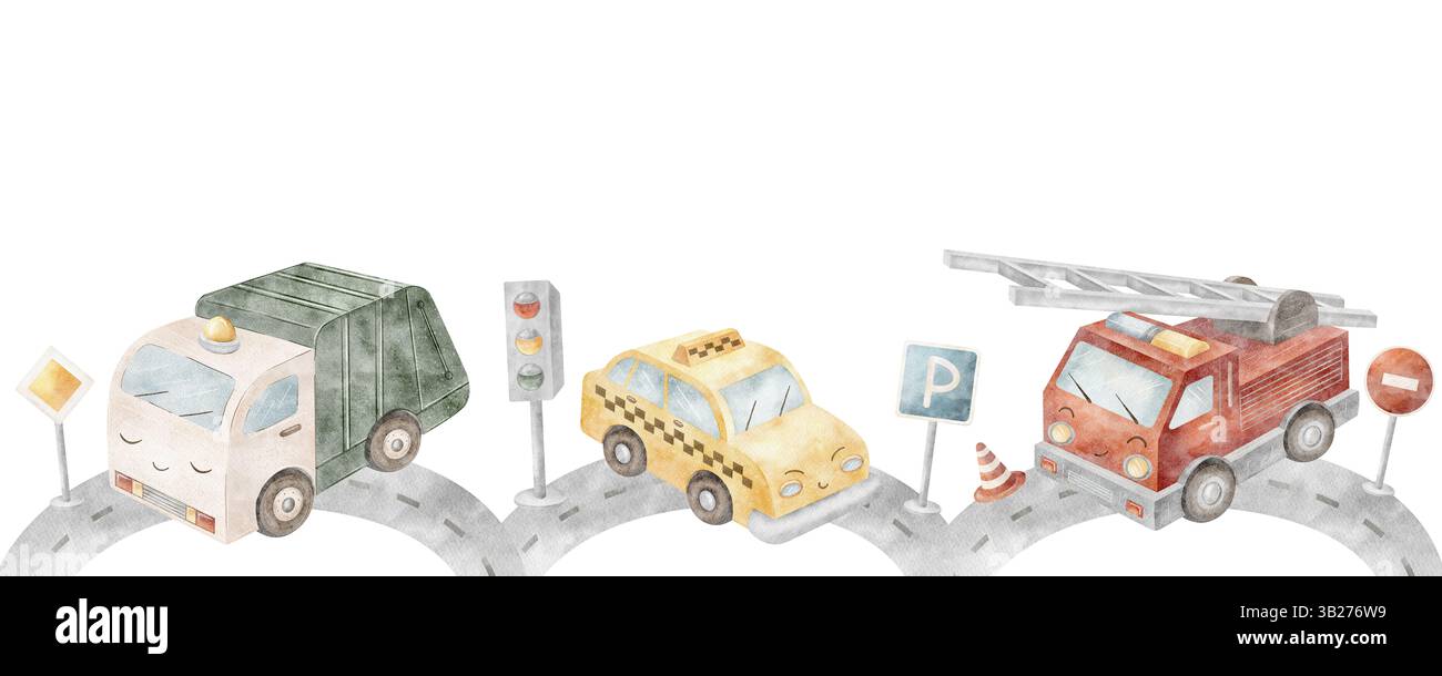 Aquarellbilder Stadtautos, Feuerwehrfahrzeuge, Müllwagen, Taxi, Straßenschilder, Ampeln. Banner Cartoon handgezeichnet für Design von Kindern Stockfoto