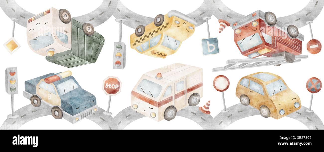 Aquarellbilder Stadtautos, Polizei, Krankenwagen, Feuerwehrauto, Müllwagen, Polizei, Straßenschilder, Ampeln. Banner handgezeichnet für von Stockfoto