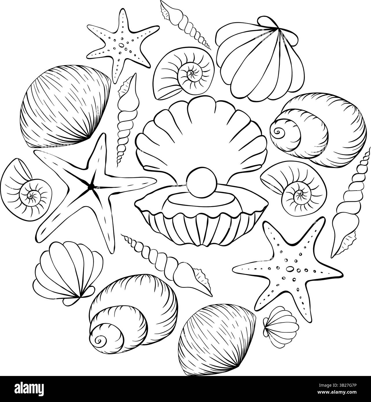 Muscheln, Muscheln und Sterne runden die Komposition für das Logo. Posterschablone im skizzenhaften Doodle-Stil. Banner, Poster, Geschenkpapier, Aufkleber, Pri Stock Vektor