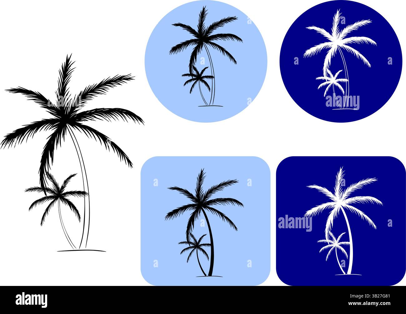 Logo mit zwei Palmen. Symbol Vektor grafische Linie Tinte Illustration. Für Urlaubsposter, Einladung zur Strandparty, Hintergrund, Anzeige, Verkaufsaktion, drucken für t- Stock Vektor