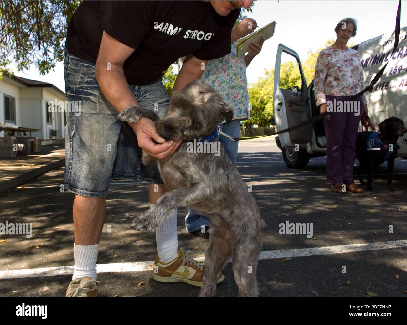 Optional – Ein Miniatur-Schnauzer namens Sunny aus dem Tierheim der Stadt begrüßt William Barcena, als er am Mittwoch, den 16. September 2009, auf seinen neuen Besitzer wartet. Obdachlose Männer und Frauen, die auf dem Mather Community Campus leben, werden mit Hunden, einige aus dem städtischen Tierheim, gepaart, um als „Diensthunde“ für Kriegsveteranen ausgebildet zu werden, die unter posttraumatischem Stress und anderen Angststörungen leiden. (Kreditbild: © Sacramento Bee/ZUMA Press) Stockfoto