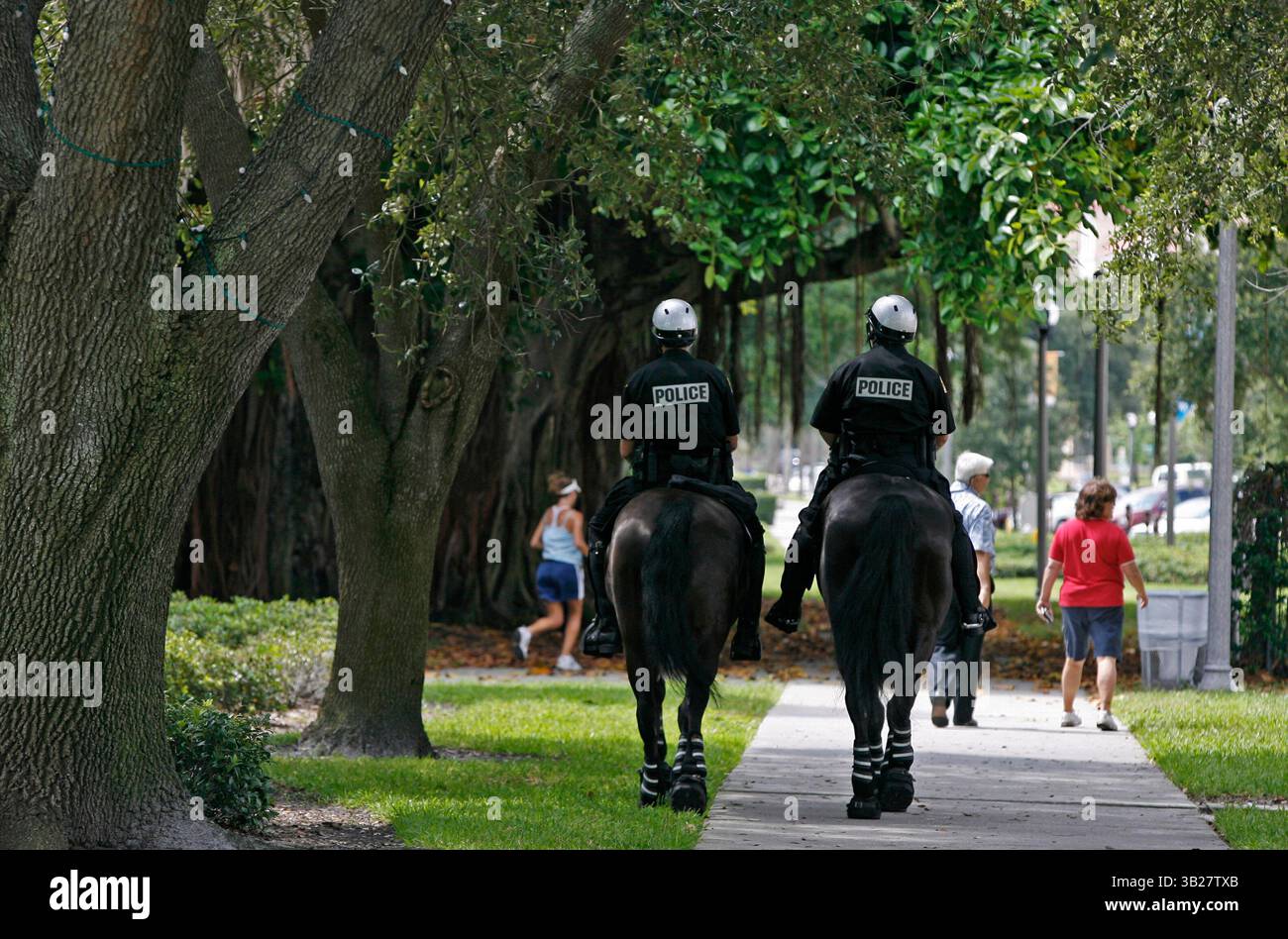 SP 311930 cerr Mounted 3 of 3 (09/15/2009 St. Petersburg) Offizier Jason Hughes reitet Jacob, links und Offizier Ron Try reitet Brooklyn, während die neue Polizeieinheit der Stadt am Dienstag durch die Innenstadt von St. Petersburg führt. Ziel ist es, dass die Polizeieinheit gut sichtbare Polizeipräsenz in der Innenstadt bietet, insbesondere an Wochenenden und bei besonderen Veranstaltungen. Jacob ist ein 4-jähriges Percheron-Vollblut-Mischpferd mit 16,2 Händen, 1.800 kg, Brooklyn ist ein 6-jähriges Percheron-Vollblut-Mischpferd mit 16,3 Händen, 1.600 kg. Das Boston Police Department spendete kürzlich Stockfoto