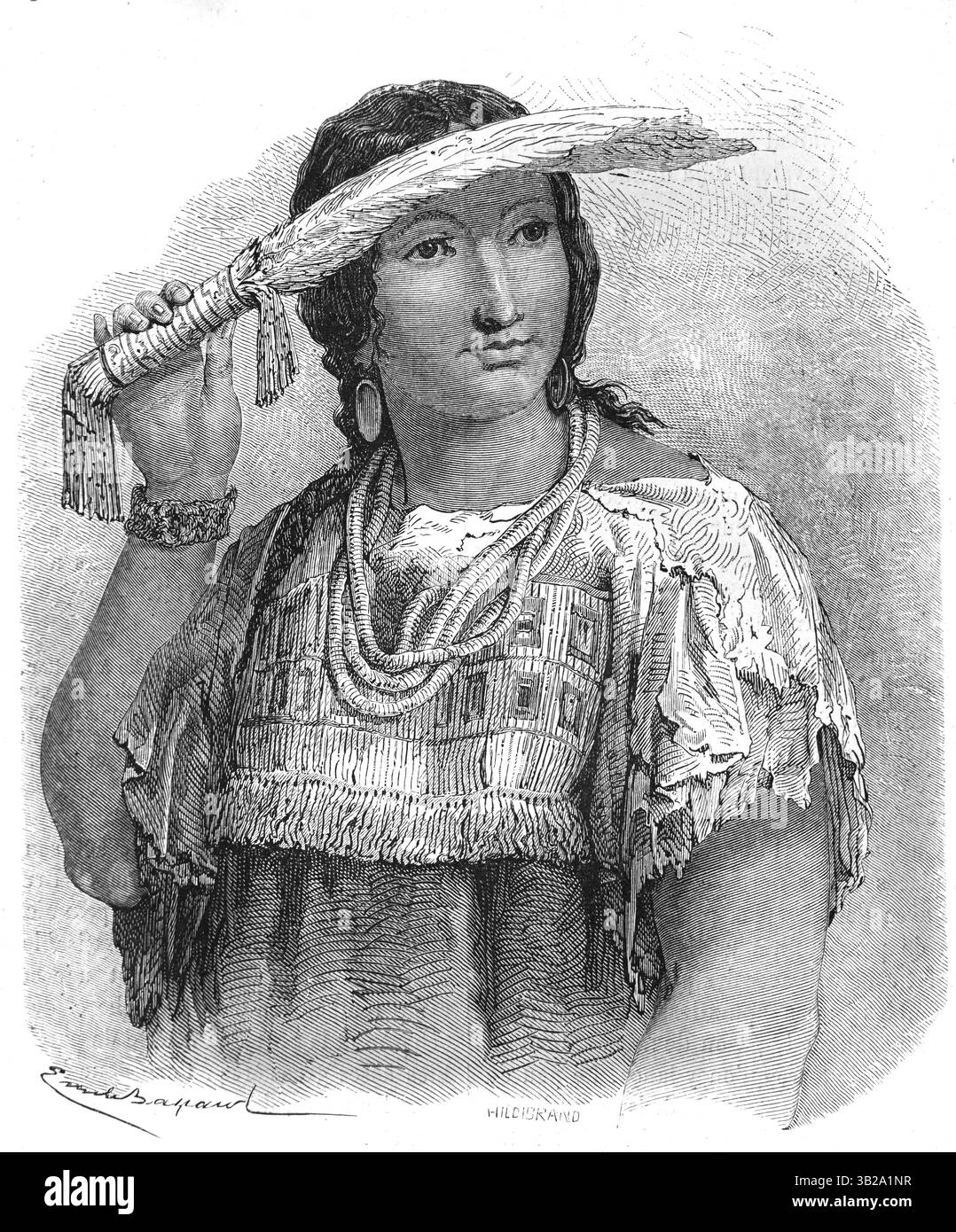 Porträt einer Cree- oder Nehinaw-Frau, wahrscheinlich Metis oder Mixed Blood, die traditionelle Tracht, ethnische Kleidung oder Volkskleid trägt, Kanada und USA, USA oder USA. Vintage oder historische Gravur oder Illustration 1866 Stockfoto