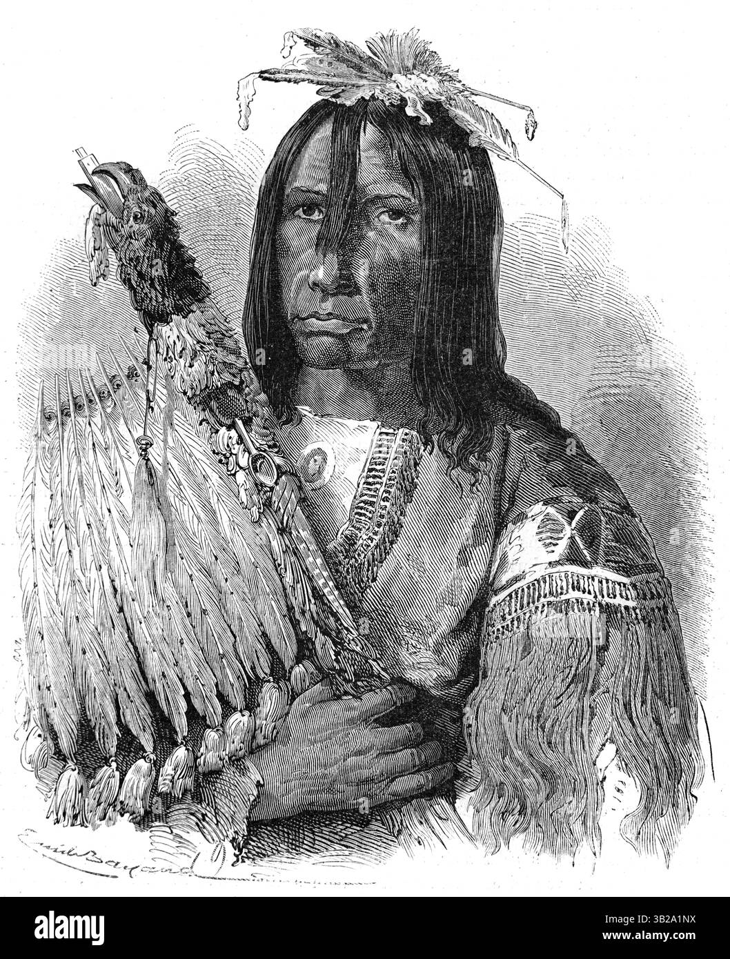 Porträt von Cree oder Nehinaw Häuptling, Schuldirektor oder Mann in traditioneller Tracht, Ethno- oder Volkskleidung, Kanada und USA, USA oder USA. Vintage oder historische Gravur oder Illustration 1866 Stockfoto