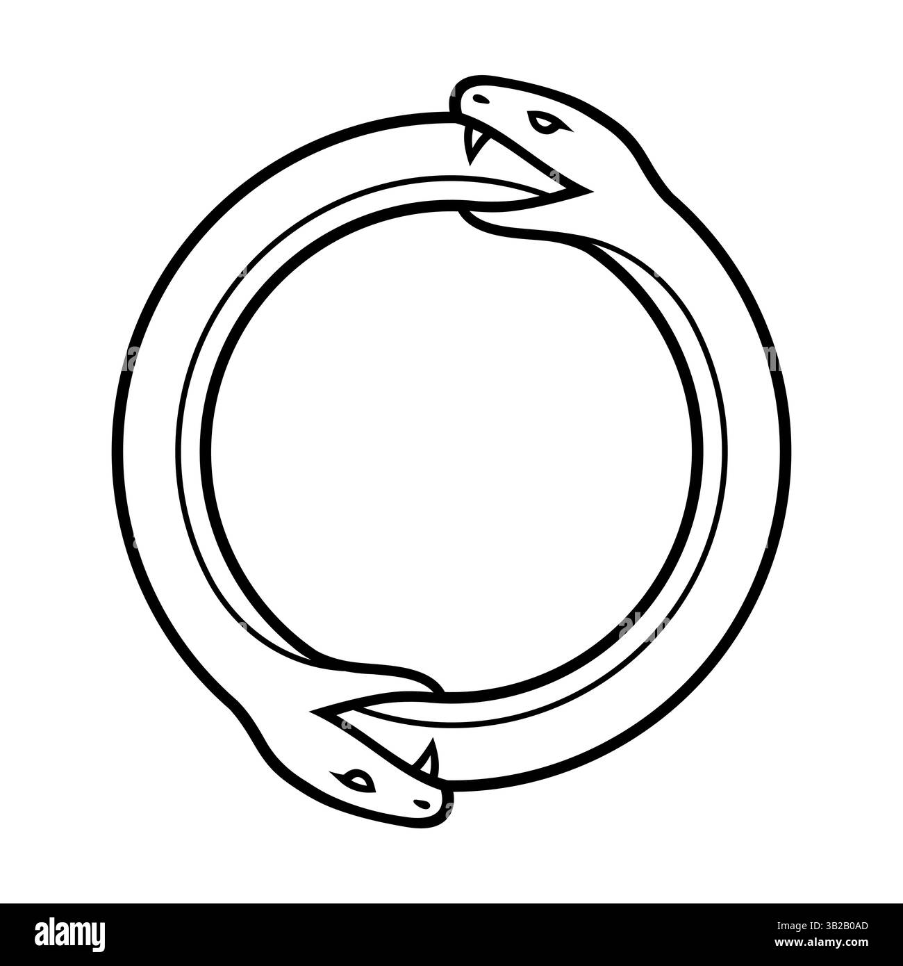 Doppeltes Ouroboros-Symbol, eine Schlange, die den Schwanz einer anderen Schlange isst. Einfache Schwarzweißzeichnung. Modernes Kreislogo, Vektorillustration. Stock Vektor