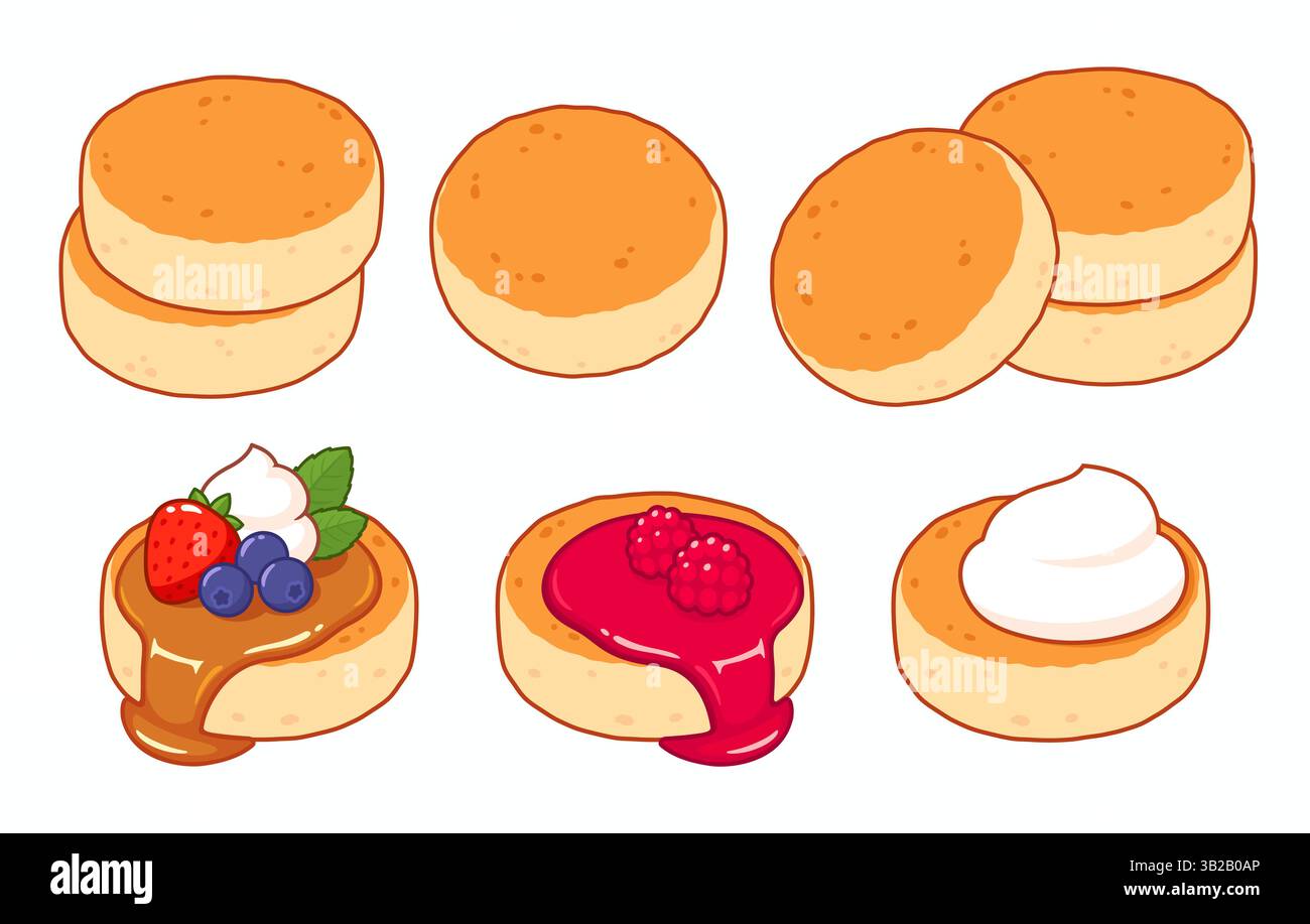 Syrniki, osteuropäische Hüttenkäse-Pfannkuchen-Set. Mit Sauerrahm, Beeren, Sirup und Marmelade. Traditionelles Frühstücksessen Vektor-Illustration. Stock Vektor