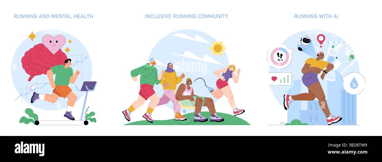 World Running Day Set. Läufer mit unterschiedlichen Hintergründen feiern Fitness, psychische Gesundheit und Gemeinschaft. Veranstaltungen verbinden Menschen weltweit, digitale Technologie verfolgt Fortschritte. Vektorabbildung. Stock Vektor