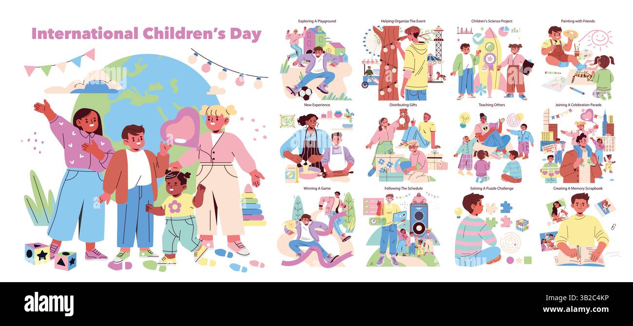 Die Illustration zum Internationalen Kindertag zeigt verschiedene Kinder, die an verschiedenen Aktivitäten wie Spielen, kreativen Projekten und Feiern teilnehmen. Es fördert Freude, Lernen und Gemeinschaftsgeist unter Jugendlichen. Vektorabbildung. Stock Vektor