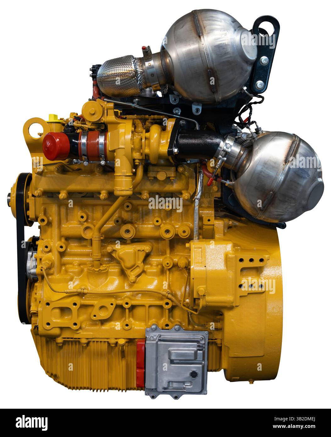 Isolierter Dieselmotor mit Katalysator und DPF-Filter. Industriemaschinen-Motor... Stockfoto