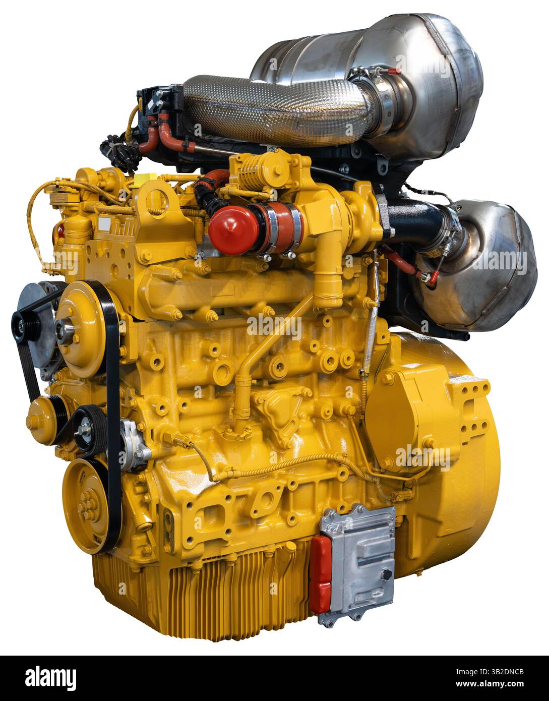 Isolierter Dieselmotor mit Katalysator und DPF-Filter. Industriemaschinen-Motor... Stockfoto