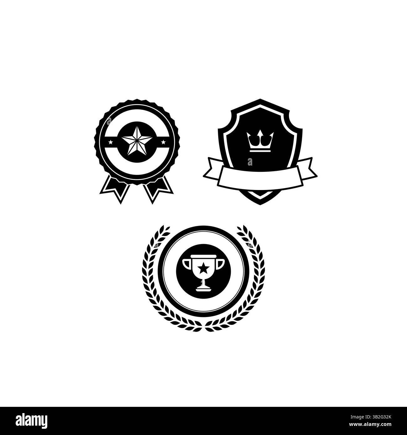 Elegante Schwarz-weiß-Symbole mit Stern-, Krone- und Trophäensymbolen Stock Vektor