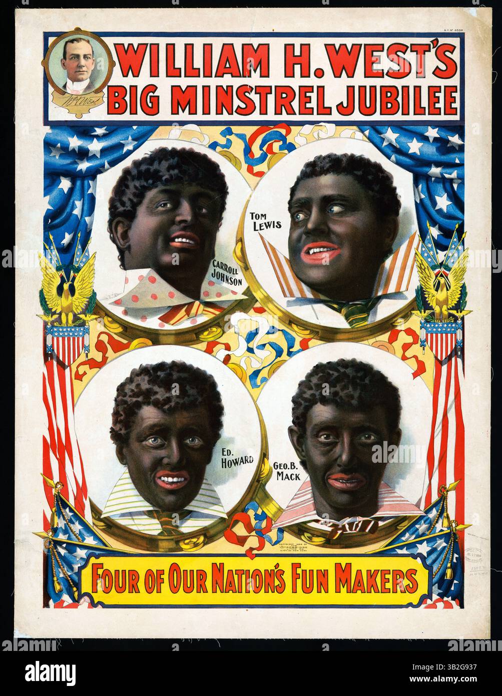 William H. Wests Jubiläum des Großen Minstrel. Amerikanisches Schwarzgesicht-Poster für William H. West Minstrel Show. Besteht aus Porträts von Carroll Johnson, Tom Lewis, Geo B. Mack und Ed. Howard, alles in Schwarzgesicht. Stockfoto