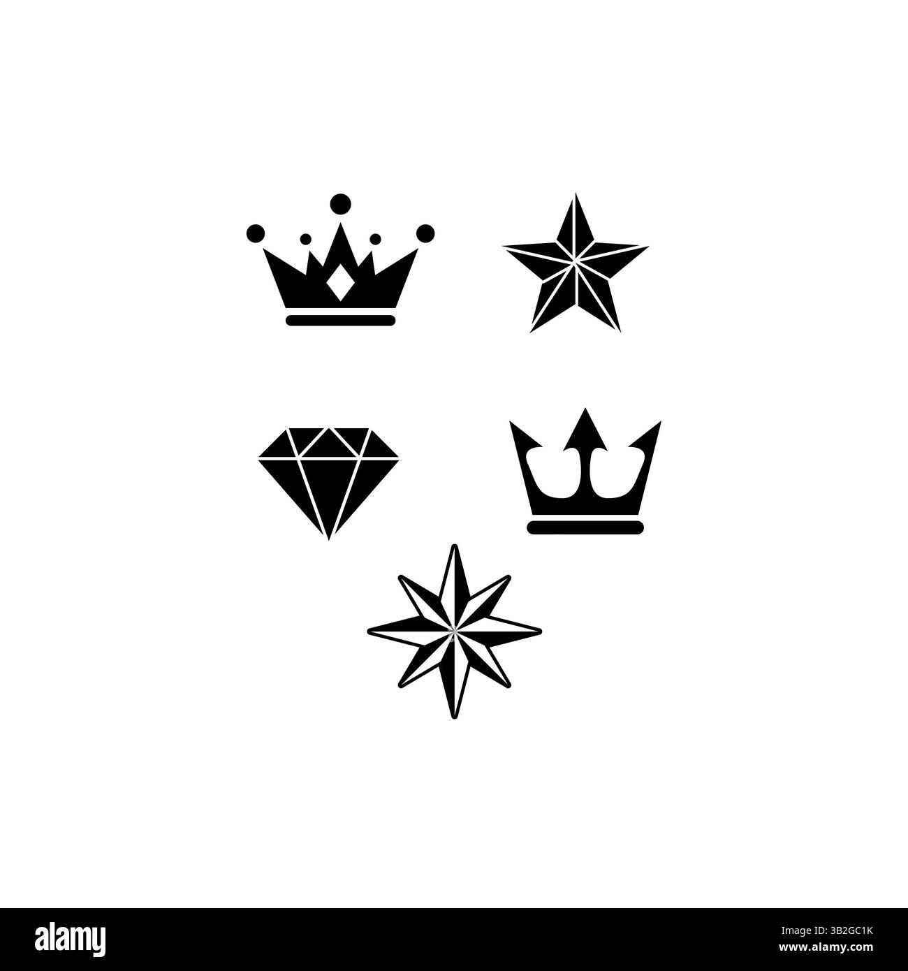 Schwarze Silhouetten von Kronen, Stern und Edelstein sowie Kompassrosen auf weißem Hintergrund Stock Vektor