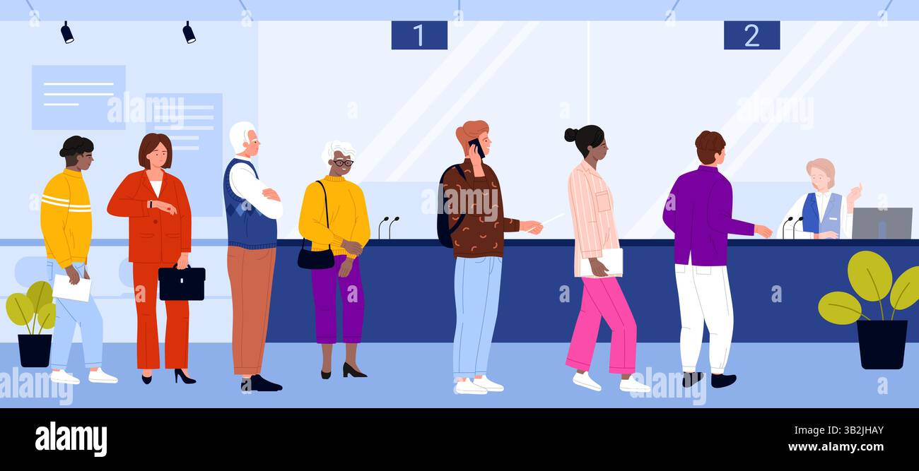 Die Leute stehen in der Schlange im Bankbüro, lange Warteschlangen wartender Kunden bis zur Rezeption. Kunden warten auf Rat von Berater und Rezeptionist, Kassierer checken Cartoon Vektor Illustration Stock Vektor