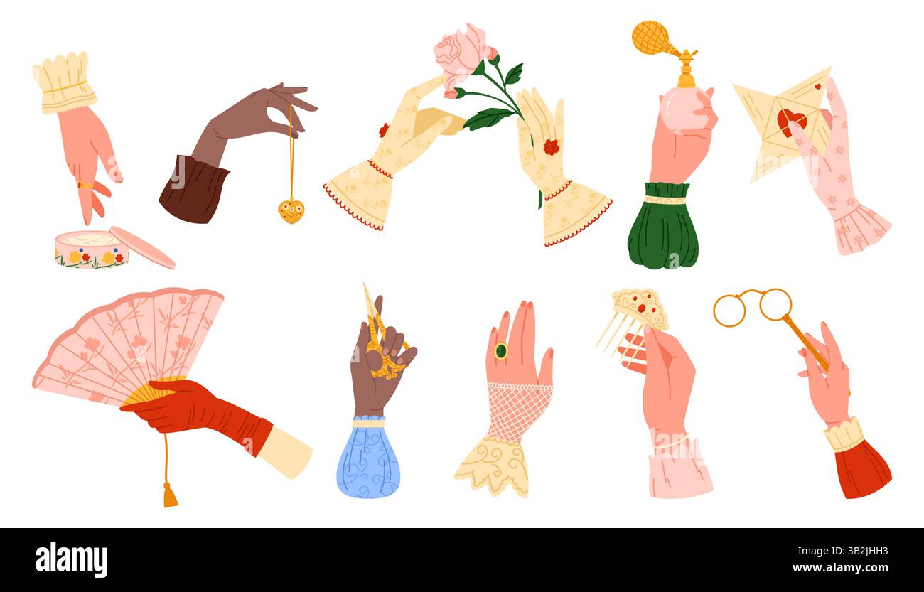Mode aus der viktorianischen Ära, Hand der Dame mit Accessoires oder Schmuck aus dem 19. Jahrhundert, Blume. Hand in eleganten Handschuh mit Goldmedaillon und romantischem Buchstaben, Rose und Parfüm Cartoon Vektor Illustration Stock Vektor