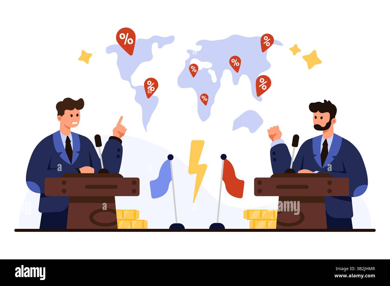 Zwei Geschäftsleute diskutieren über Handelspolitik mit einer Weltkarte und Prozentsymbolen im Hintergrund und heben die globalen Wirtschaftsdiskussionen hervor. Isoliert auf einer Vektorillustration mit weißem Hintergrund Stock Vektor