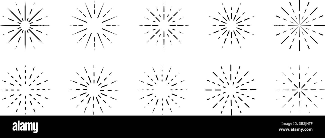 Blitz-, Explosions- oder Strahlungseffekte. Funken-, Funken-, Funktions-, Halos- oder Leuchtsymbole. Feuerwerk oder Sonnenschein-Symbole. Elegante dekorative Elemente isoliert auf weißem Hintergrund. Vektorgrafik. Stock Vektor