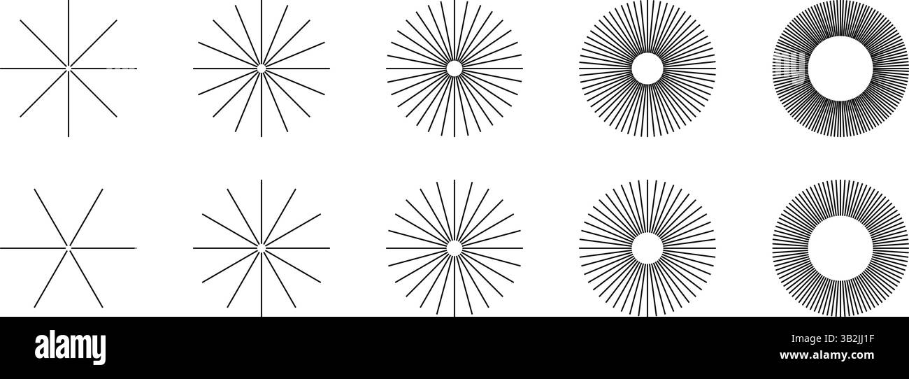 Gerade radiale Linien in kreisförmigen Formen. Set von Sonnenstrahlen-Symbolen. Sonnenschilder. Symbole für Strahlkraft, Spin, Explosion oder Feuerwerk auf weißem Hintergrund. Vektorgrafik. Stock Vektor