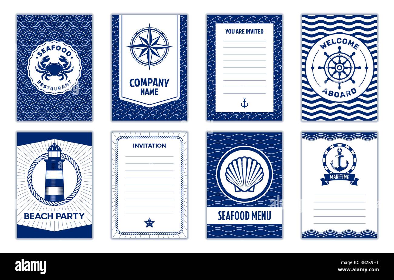 Nautische Marine Einladungen und Vorlagen. Vektorsatz marineblauer und weißer Einladungskarten mit maritimen Symbolen wie Anker, Leuchtturm, Lenkrad Stock Vektor