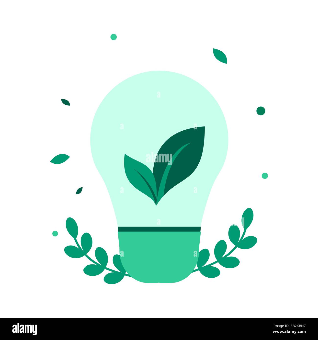 Hellgrüne Glühlampe mit dunkelgrünen Blättern für umweltfreundliche Energie Stock Vektor