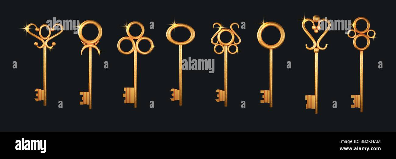 Goldener Schlüssel. Altes goldenes Schloss für vintage-luxuriöse Haustür, antikes verziertes Metallsymbol. Kreative luxuriöse metallische Textur, elegantes bronzenes Saftobjekt. Vektor-Icons-Design realistische isolierte Illustration Stock Vektor