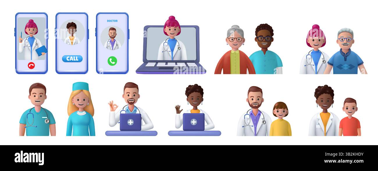Arzt- und Patienten-Icons. 3D-Personengesichter. Medizinspezialisten. Gesundheitsversorgung per Telemedizin. Online-Medizin. Smartphone- und Laptop-Bildschirm. Krankenhauskrankenschwester. Familienberatung. Vektor-Medical-Web-Prüfset Stock Vektor