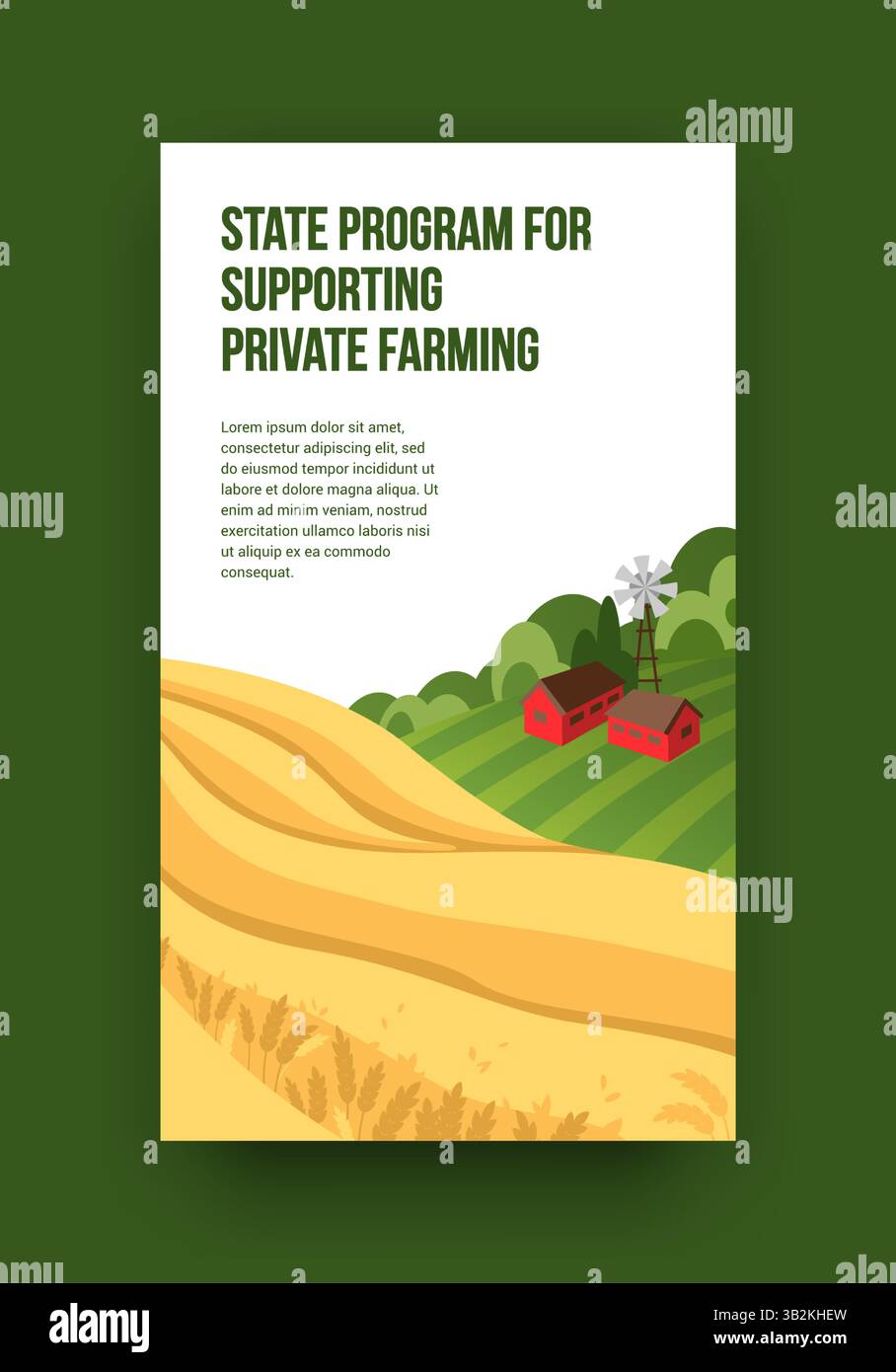 Landwirtschaftsbetrieb. Weizenfeld. Privates Landwirtschafts-Förderprogramm. Ländliche Agrarlandschaft. Bauernhaus mit Scheune und Windmühle. Ackerland Getreideernte. Dorfkulisse. Vektor-Banner-Design Stock Vektor