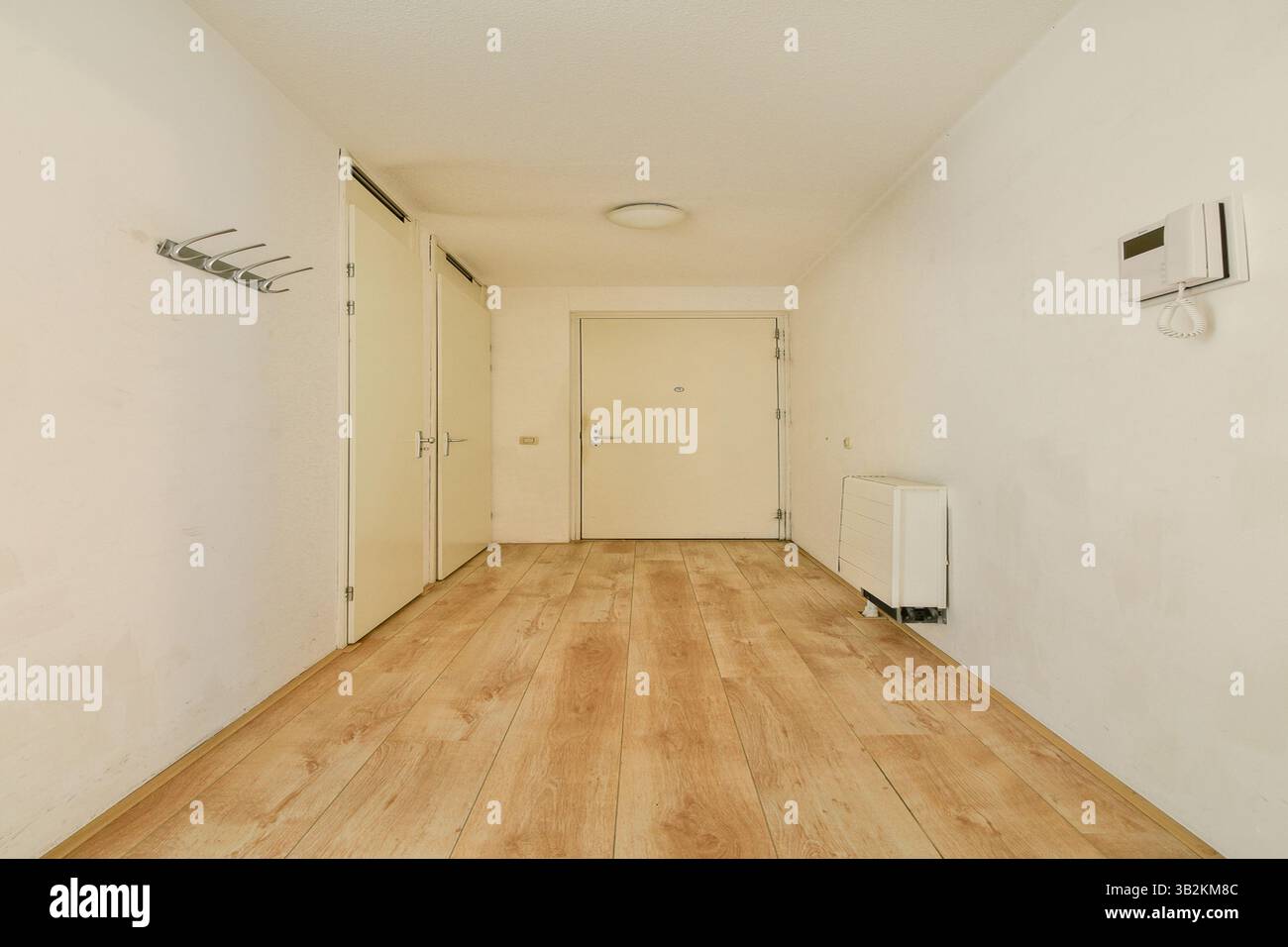 Ein heller und geräumiger Flur mit hellem Holzfußboden, schlichten Wänden und minimalistischem Design. Die Gegend ist unübersichtlich und vermittelt ein Gefühl von Offenheit und Einfachheit. Stockfoto