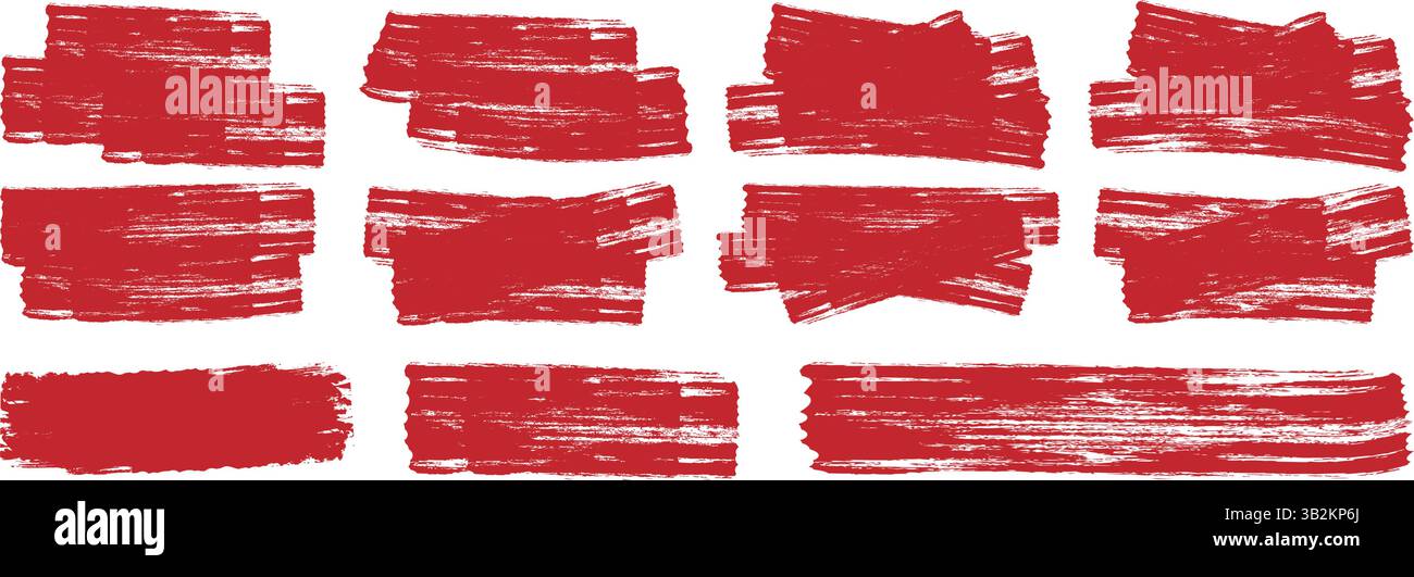 Satz von Schleiffarbe, Pinselstriche mit roter Tinte. Pinselsammlung isoliert auf weißem Hintergrund. Trendiger Pinselstrich für schwarze Tinte, grunge Hintergrund, Stock Vektor