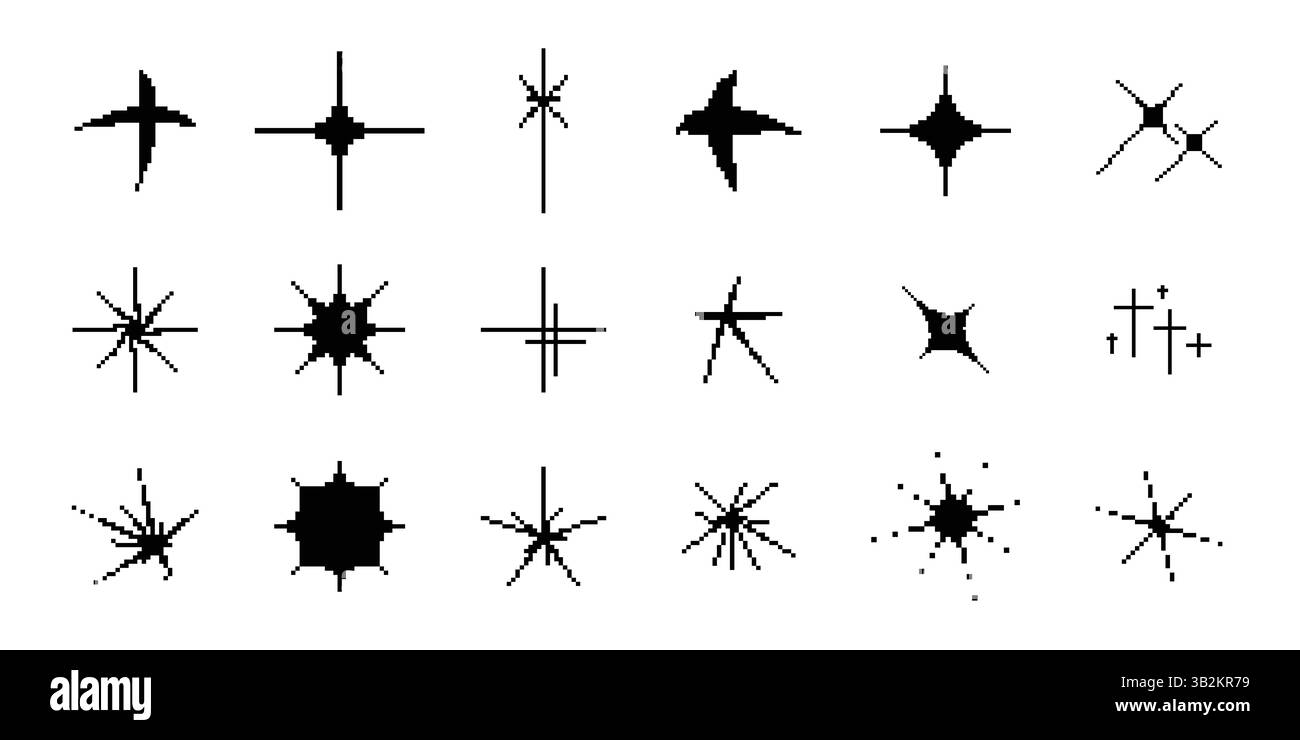 8-Bit-Pixel-Stern-Symbolsatz. Schwarzes Glitzersymbol Stock Vektor