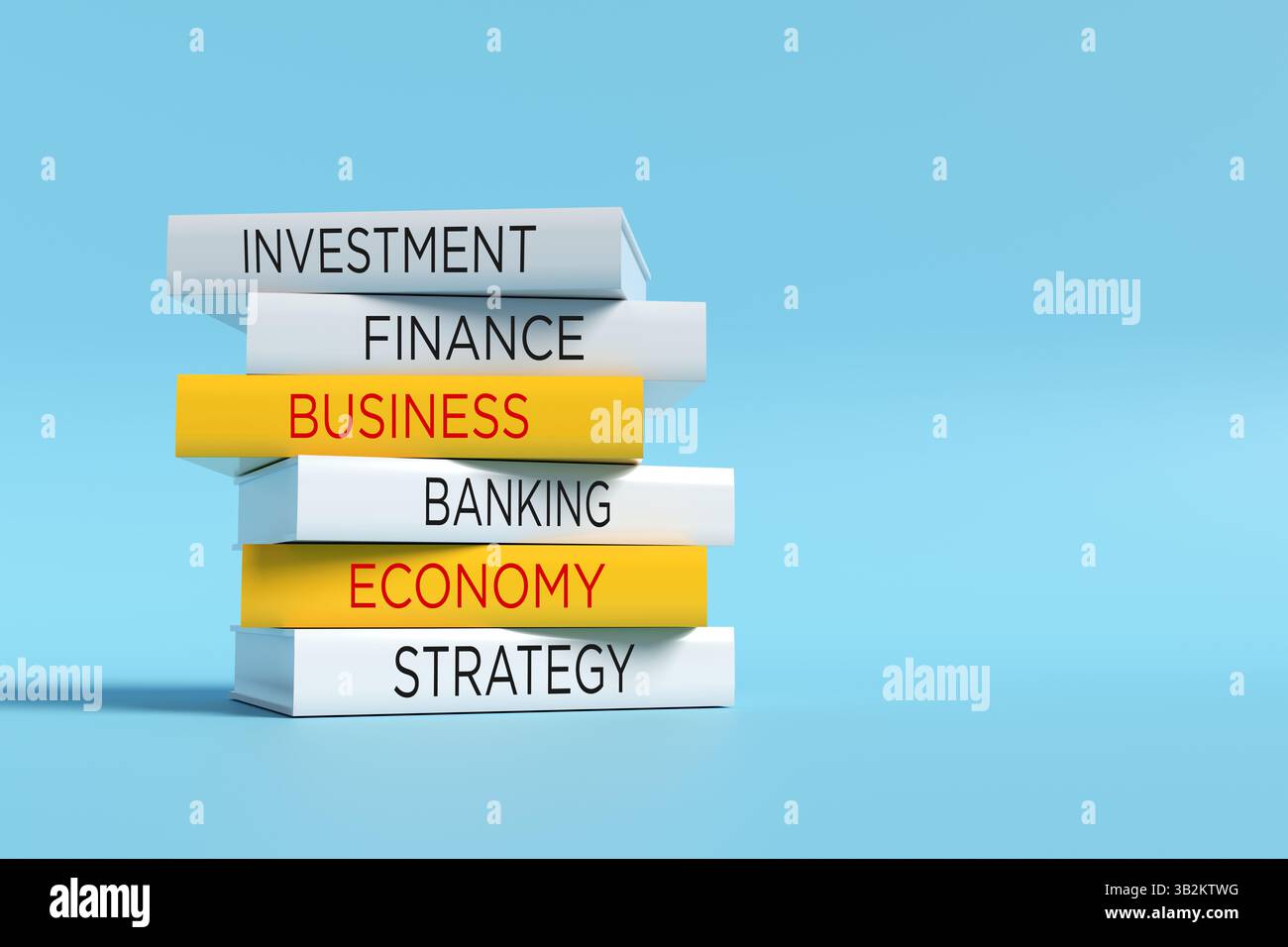 Ein Stapel von Büchern mit Wörtern aus den Bereichen Wirtschaft, Finanzen, Banken, Wirtschaft, Investition und Strategie, die auf den Rücken gedruckt sind und die die Ausbildung zum Unternehmen symbolisieren. 3D-Rend Stockfoto