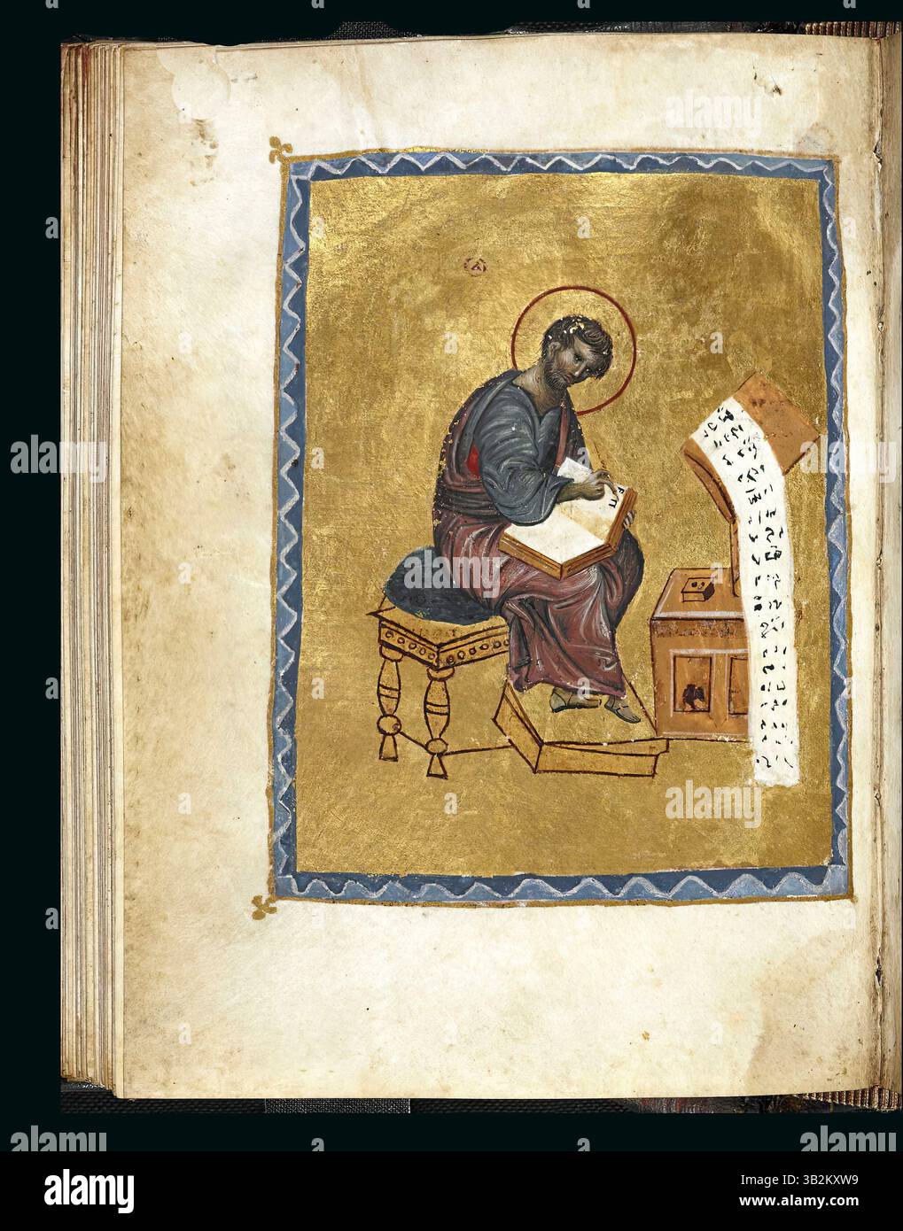 7645. Burney Gospels, 10.–12. Jahrhundert, Pergament, Porträt des Heiligen Lukas des Evangelisten, gemalt auf goldenem Hintergrund von Kokkinobaphos Meister illus Stockfoto