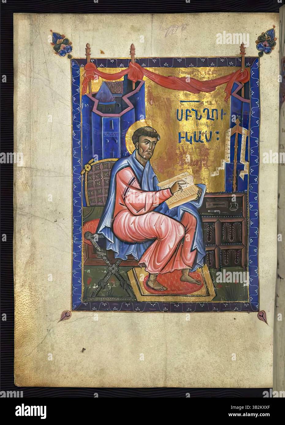 7649. Der Evangelist Lukas, Illustration aus einem armenischen Evangelistar, eine illustrierte Handschrift, die 1262 von T’oros Roslin, einem prominenten illuminaten, erstellt wurde Stockfoto
