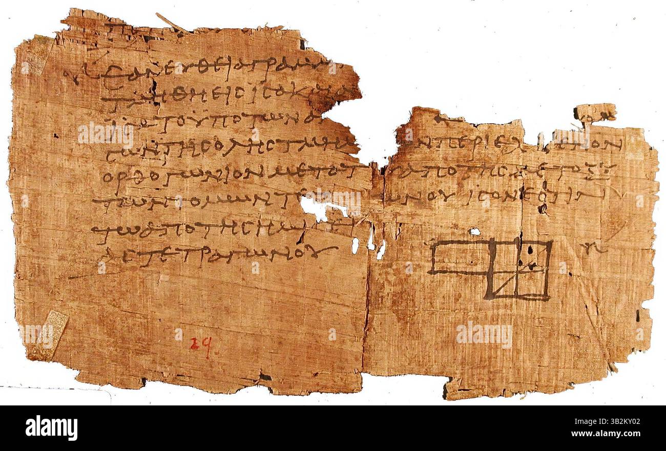 7657. Eines der ältesten noch erhaltenen Fragmente der Elemente Euklids, datiert um 100 n. Chr. Gefunden in Oxyrhynchus. Stockfoto