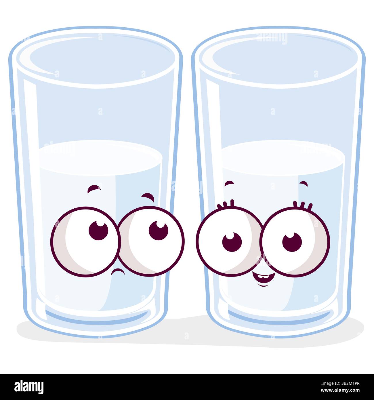 Halb volle und halb leere Zeichentrickgläser mit Wassertrinkfiguren. Zeichentrickgläser mit Wasser. Optimistische und pessimistische Einstellung. Seien Sie glücklich oder sorgen Sie sich. Stockfoto