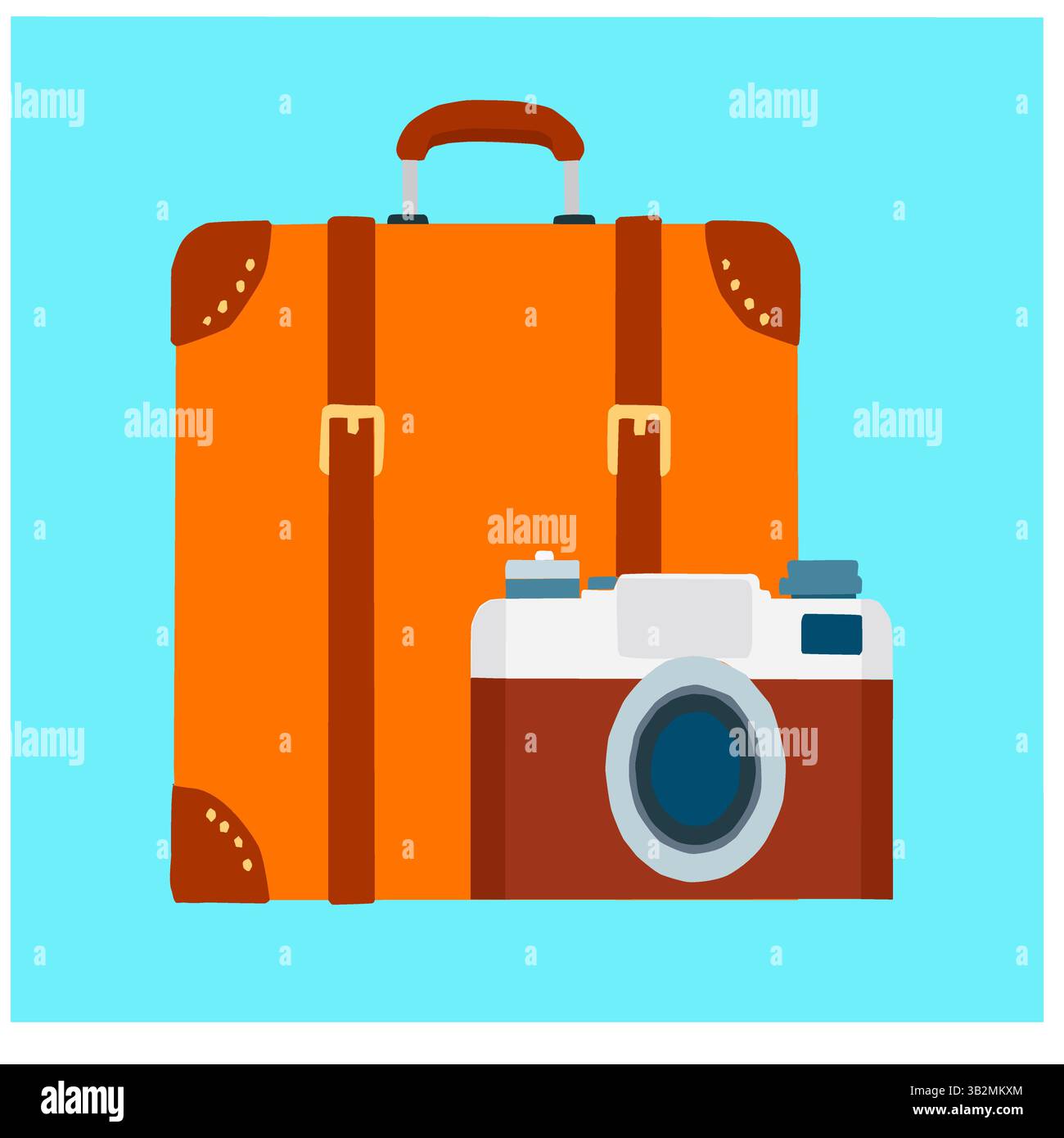 Vektor eines Vintage-Koffers und einer Kamera, die Reisen und Fotografie repräsentiert. Stock Vektor