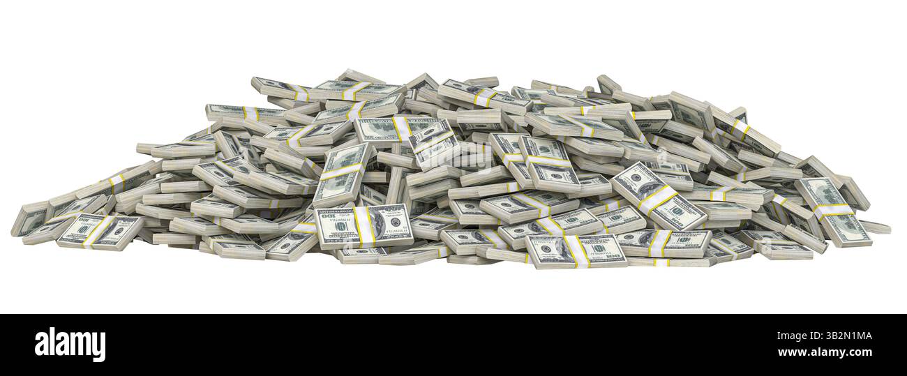 Riesiger Stapel von 100 Dollar Scheinen auf transparentem Hintergrund 3D Stockfoto