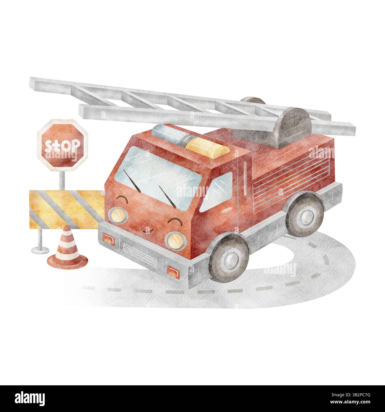 Aquarellillustration Feuerwehr, Stadtverkehr, Autojunge. Komposition mit Straßenschildern, Landstraße handgezeichnet im Cartoon-Stil auf isoliertem Hintergrund Stockfoto