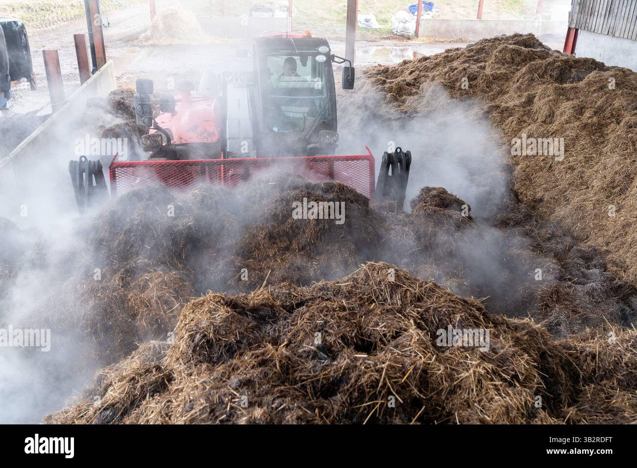 Eine Kompostmischung mit einem Lader auf einem Bauernhof, der sich zur Herstellung von torffreiem Kompost diversifiziert hat. Cumbria, Großbritannien. Stockfoto