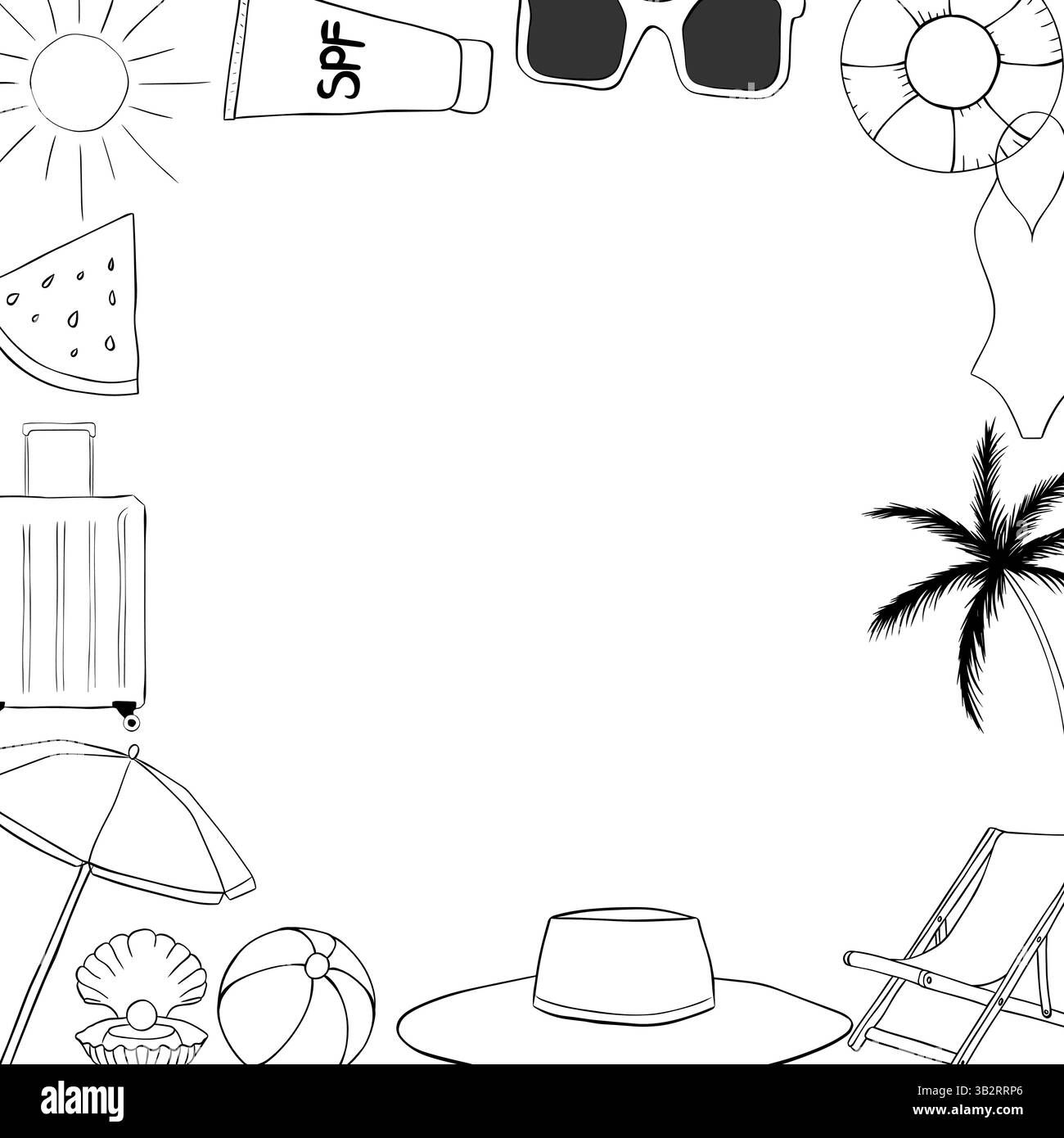 Quadratische Rahmenvorlage für Strandurlaub. Abbildung der grafischen Vektorfarbe. Beispielposter, Partyeinladung, Weihnachtsbanner, Postkarte. Design Stock Vektor