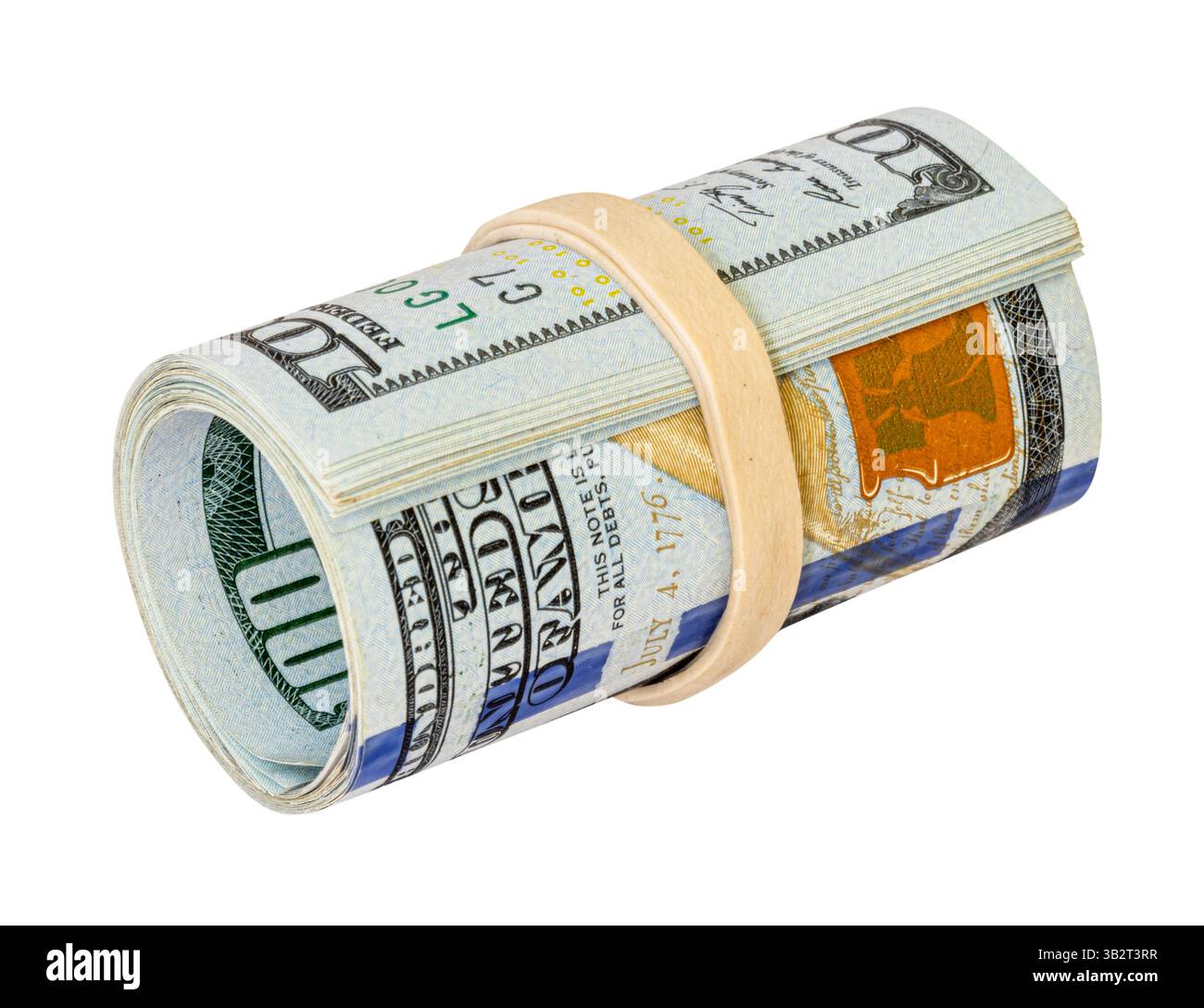 Finanzgeldkonzept. Gerollte USD-Dollar-Banknoten isoliert auf weiß Stockfoto