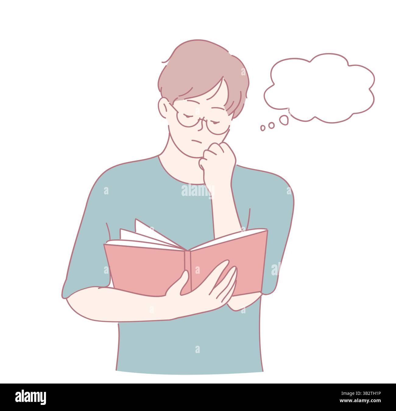 Ein junger Mann ist vertieft in ein Buch, verloren in Gedanken, mit einer Blase darüber, die seine reflektierende Einstellung anzeigt Stock Vektor